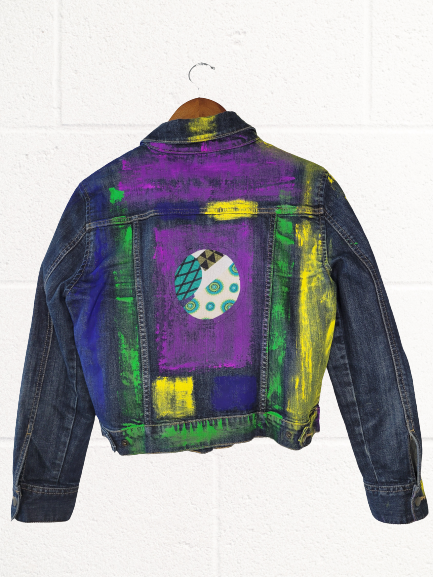 Hand Painted Appliqued Print Fabric Cropped Denim Jacket
