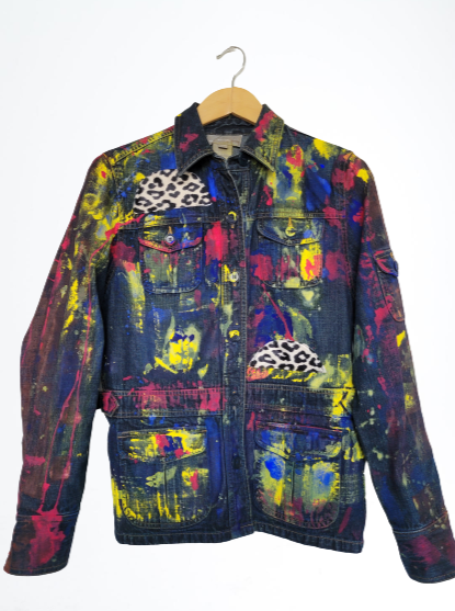 Vintage Denim Jacket with hand painting and animal print applique