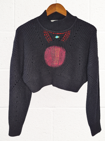 Black Cropped Sweater with Red Gold Green Disc