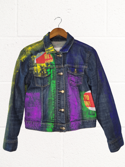 Hand Painted Appliqued Print Fabric Cropped Denim Jacket – Made